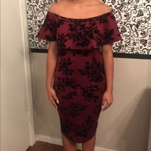 Maroon cocktail dress with black velvet detail